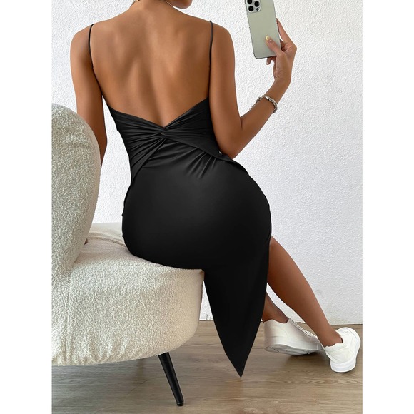 Twist Backless Split Thigh Cami midi Dress black - Picture 2 of 11